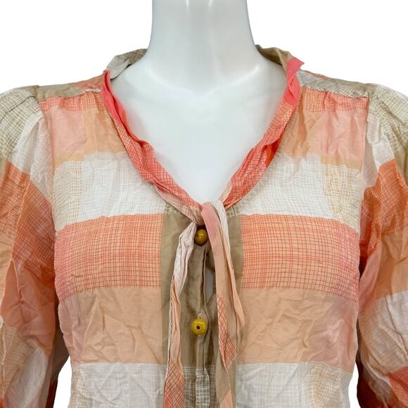 Maeve Anthropologie Top Women 4 Orange Pink Button Up Tie Neck Summer Boho Beach - Picture 2 of 8